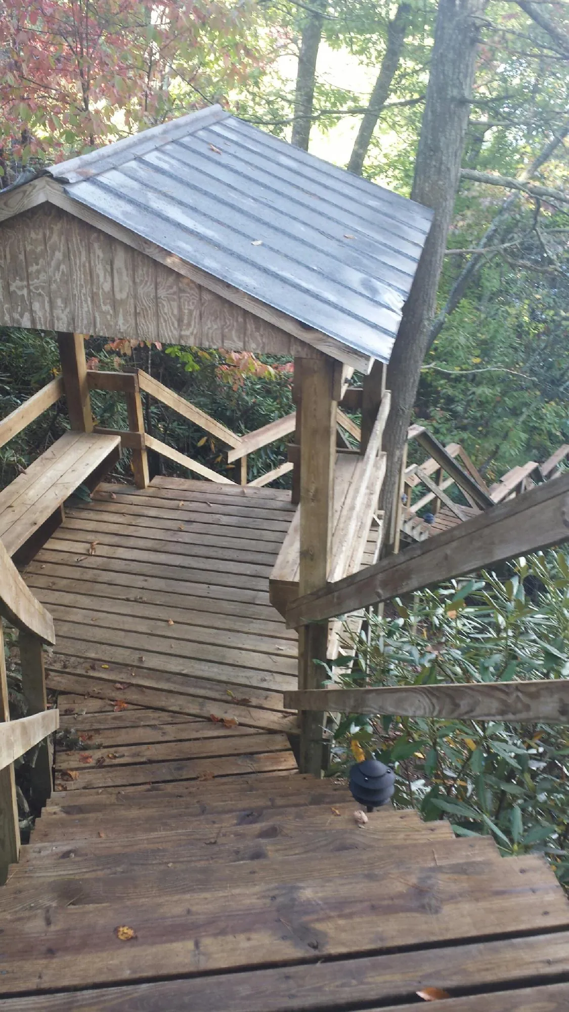 Metal roofed shelter over wooden steps on a wooded walkway — Skylight Repair & Installation work by our crew in Cowpens